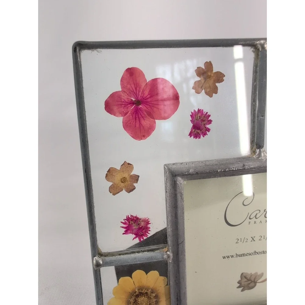vtg Carr Frames Leaded Glass Picture Frame Silver Pressed Flowers 1999 2.5x2.5